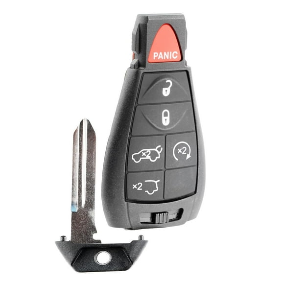 KeylessOption replacement fob and uncut key for Jeep (68051666AI) 4-button fob w/ tailgate release, rear glass release, remote start