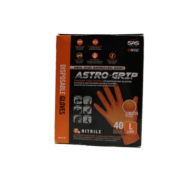 Sas Safety Nitrile Disposable Gloves, Orange, Large 40Ct