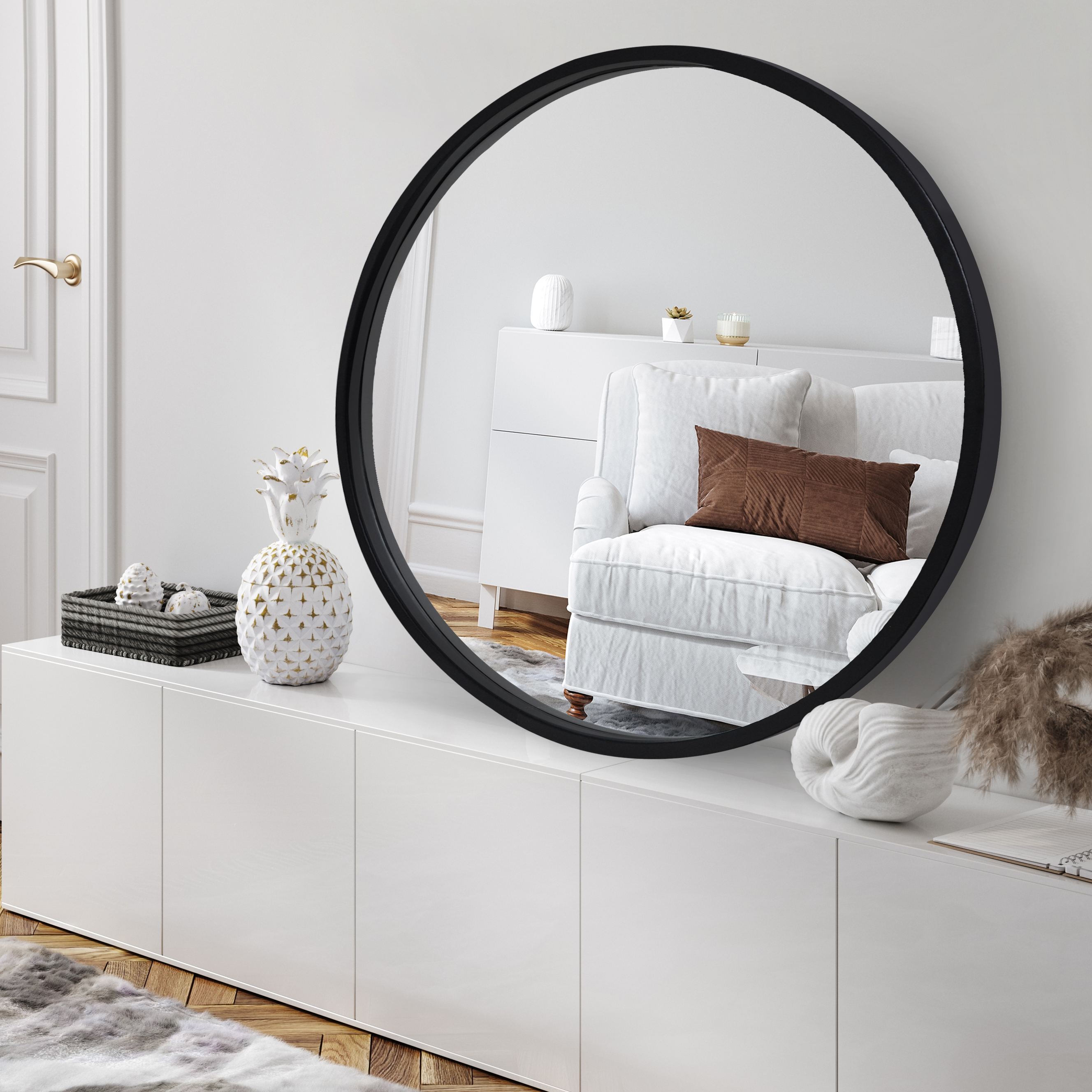 Americanflat - 32x32 Framed Black Round Mirror Circle Mirror for Bathroom, Bedroom, Entryway, Living Room