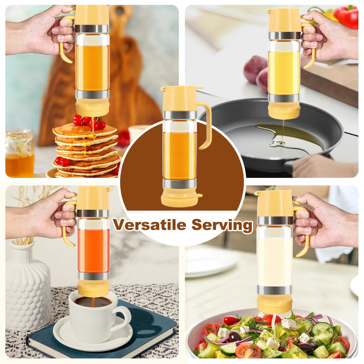 Glass Honey Dispenser with Handle, Syrup Dispenser Jar for Honey Maple Syrup and Coffee, Easy Pour Kitchen Container for Pancakes and Waffles.(12 oz)