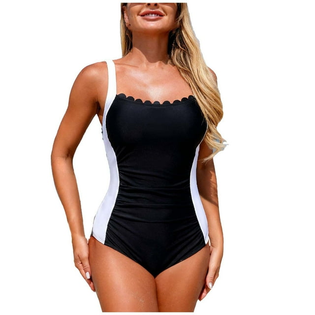 Women's Sporty Bikini Swimsuits Color Block One Piece with Adjustable Floral Strap, Athletic Bathing Suit for Pool Training