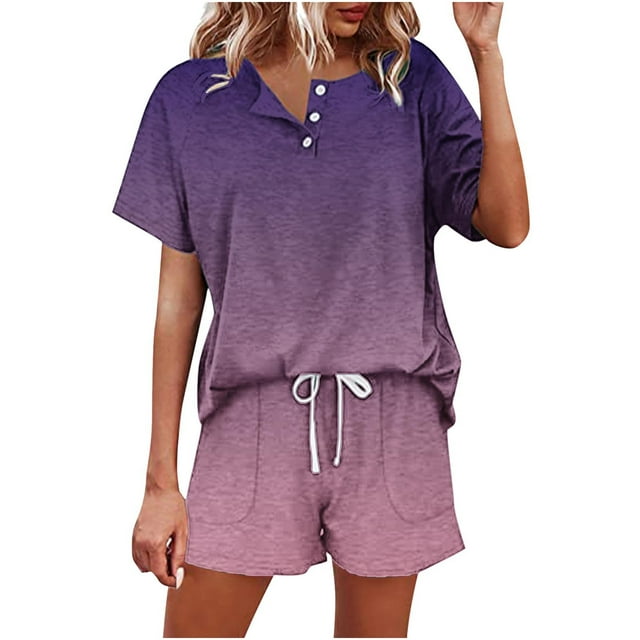 Two Piece Outfits for Women Lounge Pajamas Sets Button Down Top and Shorts Set Sweatsuits Tracksuits with Pockets
