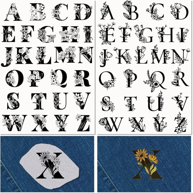 2 Sheets Floral A-Z Letters Water Soluble Embroidery Stabilizers 52Pcs Patterns Hand Sewing Stick and Stitch A4 Transfers Fabric Wash Away Pre-Printed Self Adhesive for Cloth Sewing Lovers