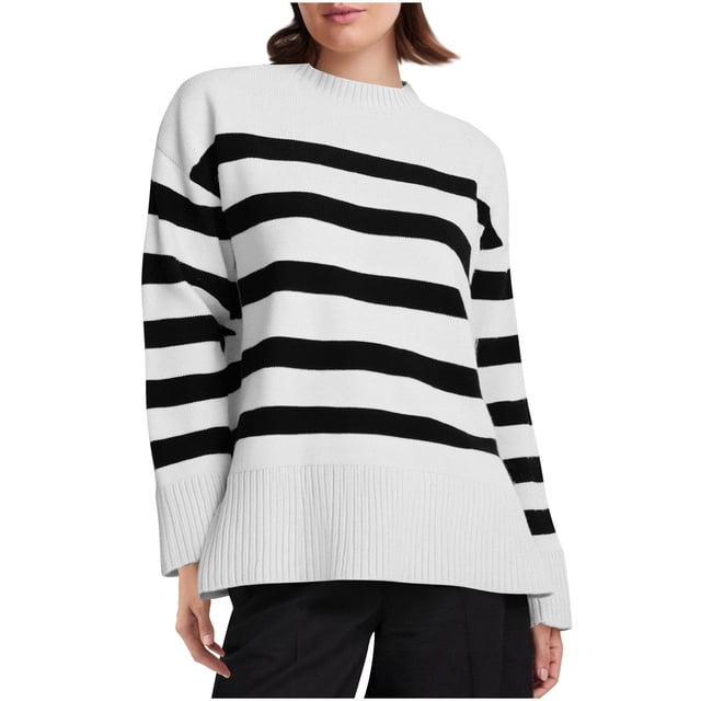 Chbgutlmr Chandails pour Femmes Automne Ample Décontracté Manches Longues Col Rond Rayé Bloc de Couleur Tricot Hauts
