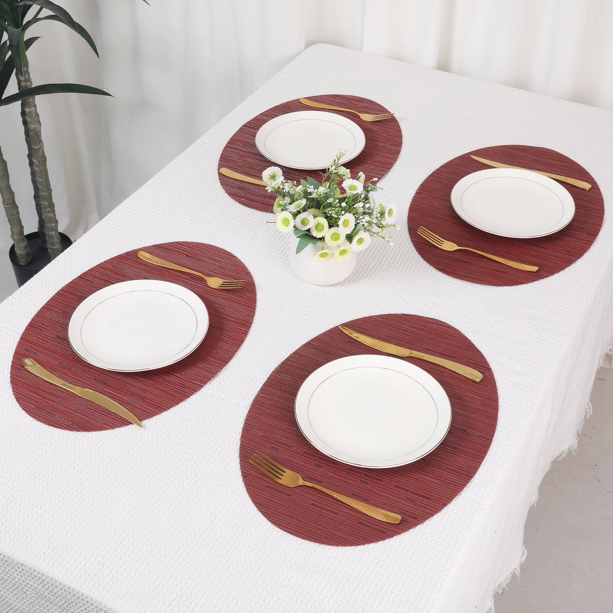 Unique Bargains Set of 6 Oval Placemats for Dining Table Decor Table Placemats Burgundy