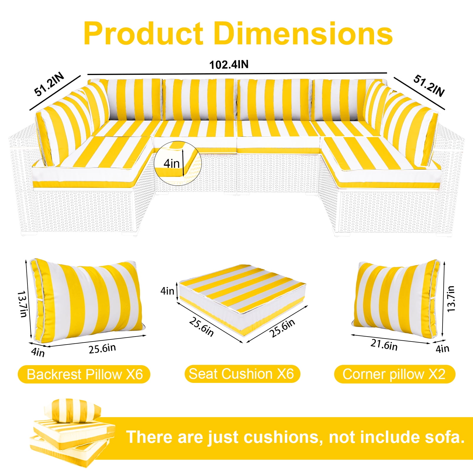 XXLYY Outdoor Replacement Cushions for Patio Furniture, 14 Piece Patio Sectional Cushions, 4" Water-Resistant Replacement Sofa Cushions Fits 6-seat Rattan Conversation Set
