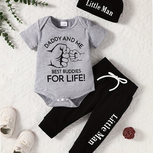 Cute & Casual "DADDY AND ME" Letter Print Outfit - Short Sleeve Onesie Romper & Pants & Hat Baby Boys Set