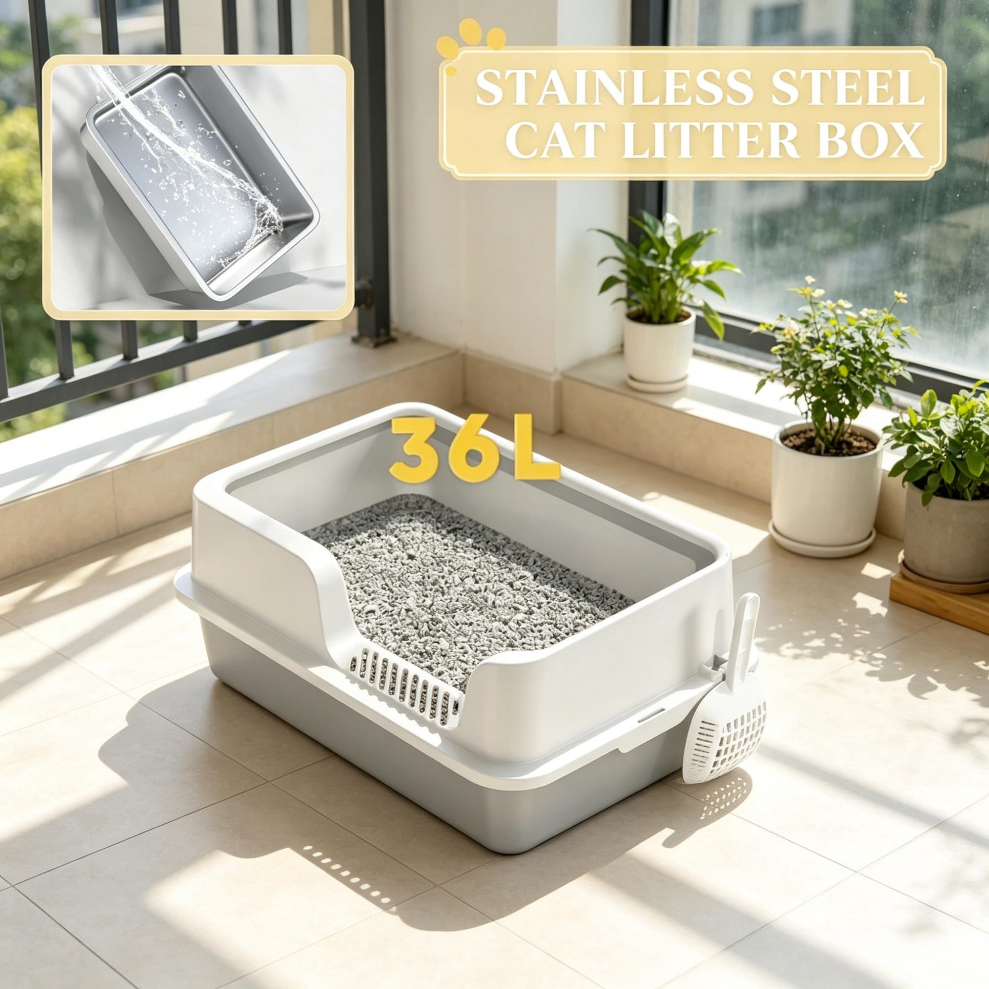 Extra Large Cat Litter Box with High Sides and Stainless Steel Tray