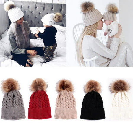 Mommy Women Kids Girls Boys Baby Knit Pom Bobble Hat Winter Warm Beanie (Best Winter Hats For Toddlers)