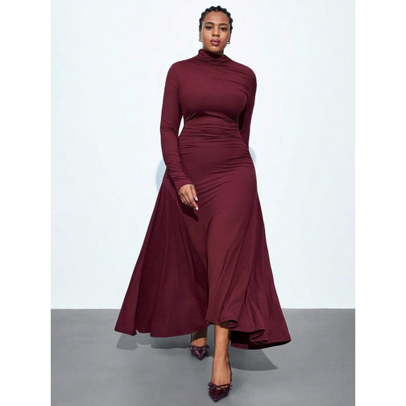 Burgundy Plus Size Long Sleeve High Neck Ruched Bodycon Maxi Dress For Women
