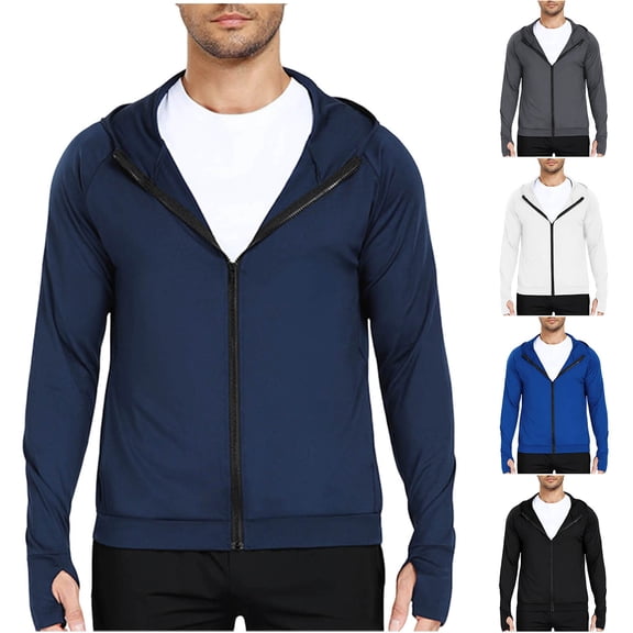 Fengqque Men Solid Color Long Sleeved Hoodie Full Zip Lightweight Breathable Coat with Thumb Hole White XL(XL)