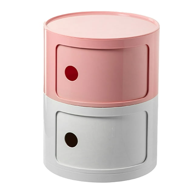 Mesita de noche de estilo nórdico, redonda, de gran capacidad, con dos niveles, ideal para dormitorio, color rosa y blanco lechoso.