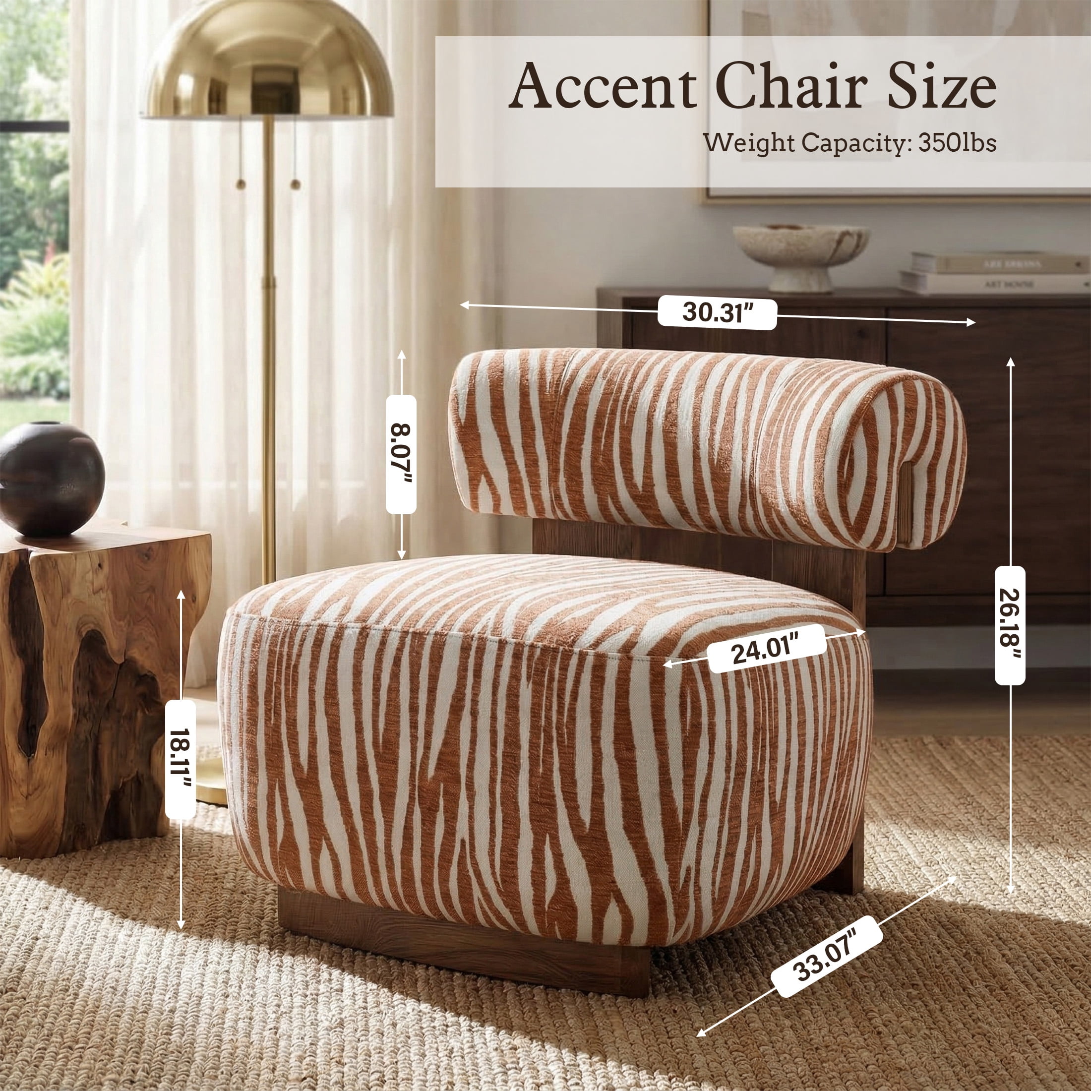 Aukfa Modern Chenille Accent Chair with Zebra-Stripe, Cylindrical Backrest for Living Room, Orange