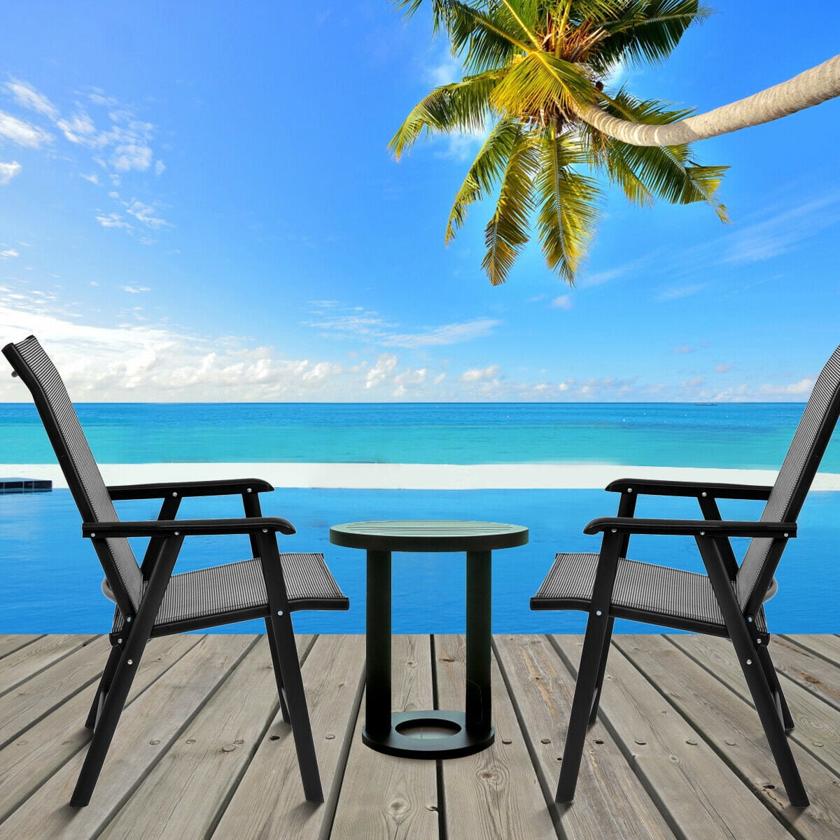 Gymax 2PCS Folding Chairs Steel Frame Patio Garden Outdoor w/ Armrest & Footrest