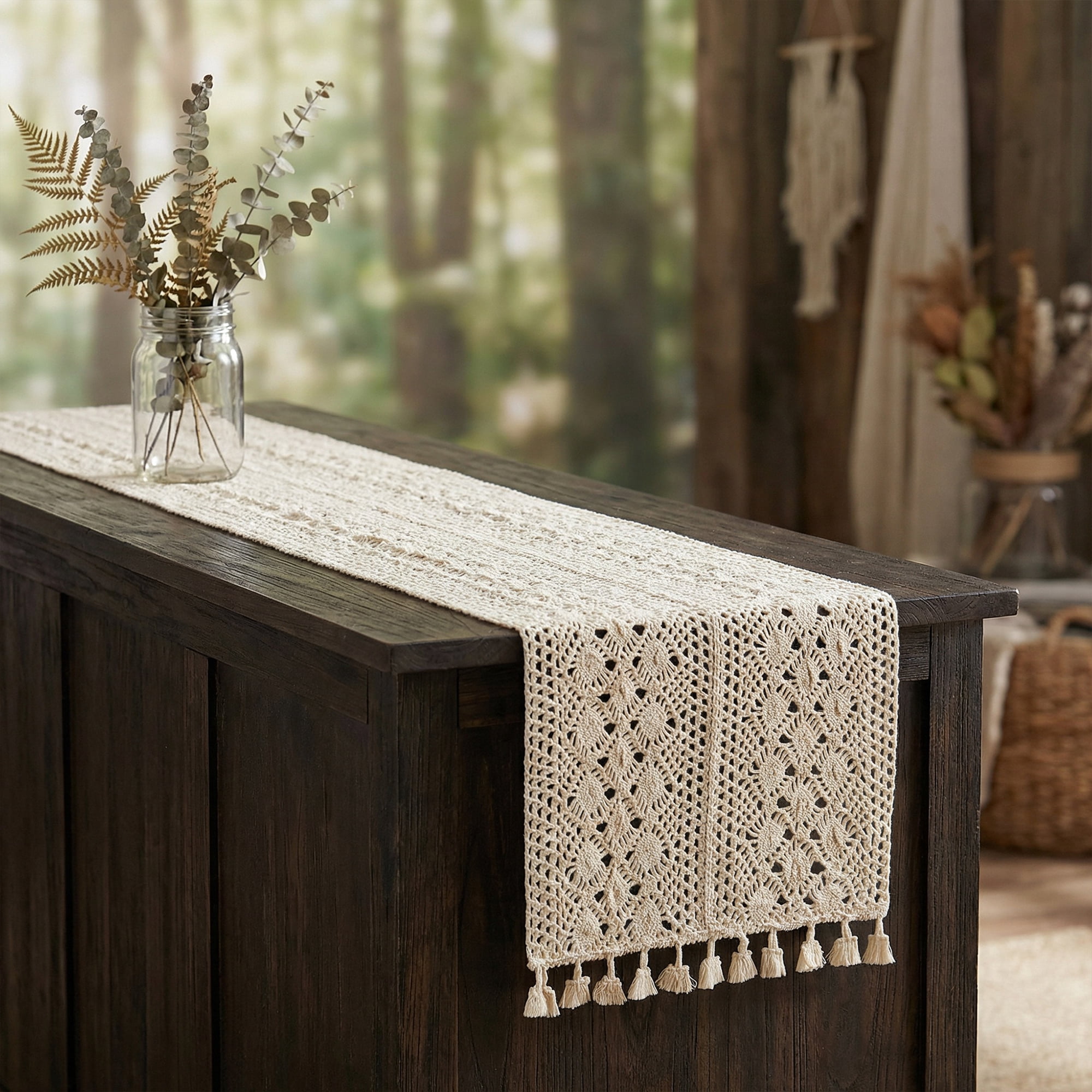 Unique Bargains Long Washable Cotton Kitchen Runner with Tassel Phoenix Tail Flower 70.9in