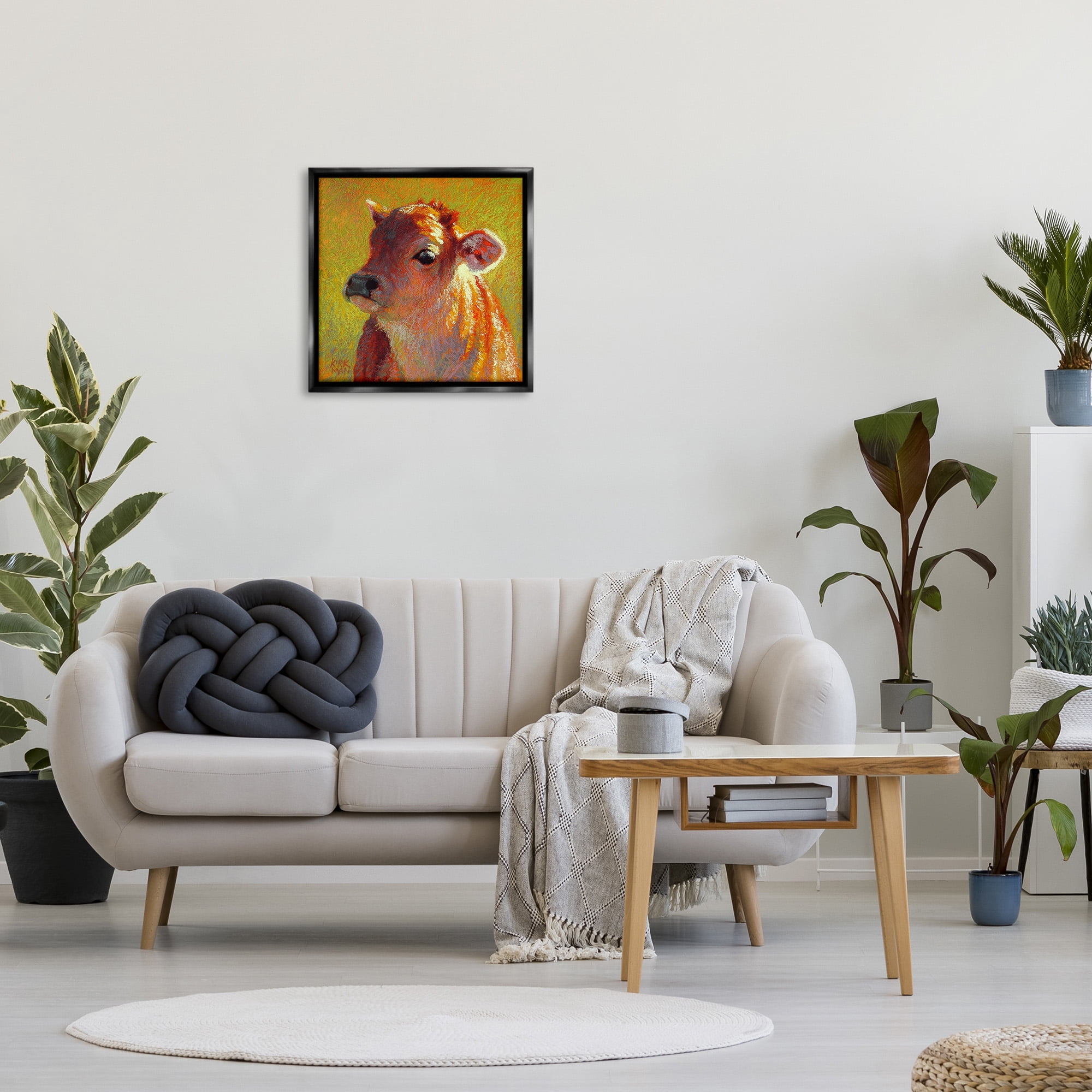 Stupell Industries Sunlit Calf Painting Animals & Insects Painting Black Floater Framed Canvas Art Print Wall Art, 25 x 25