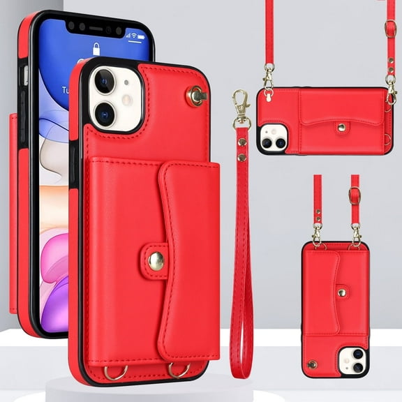 Crossbody Wallet Women Case for iPhone 13, [RFID Blocking] CRedit Card Holder Phone Case with Strap Leather Purse with Lanyard Magnetic Flip Cover Girl For iPhone 13, Red