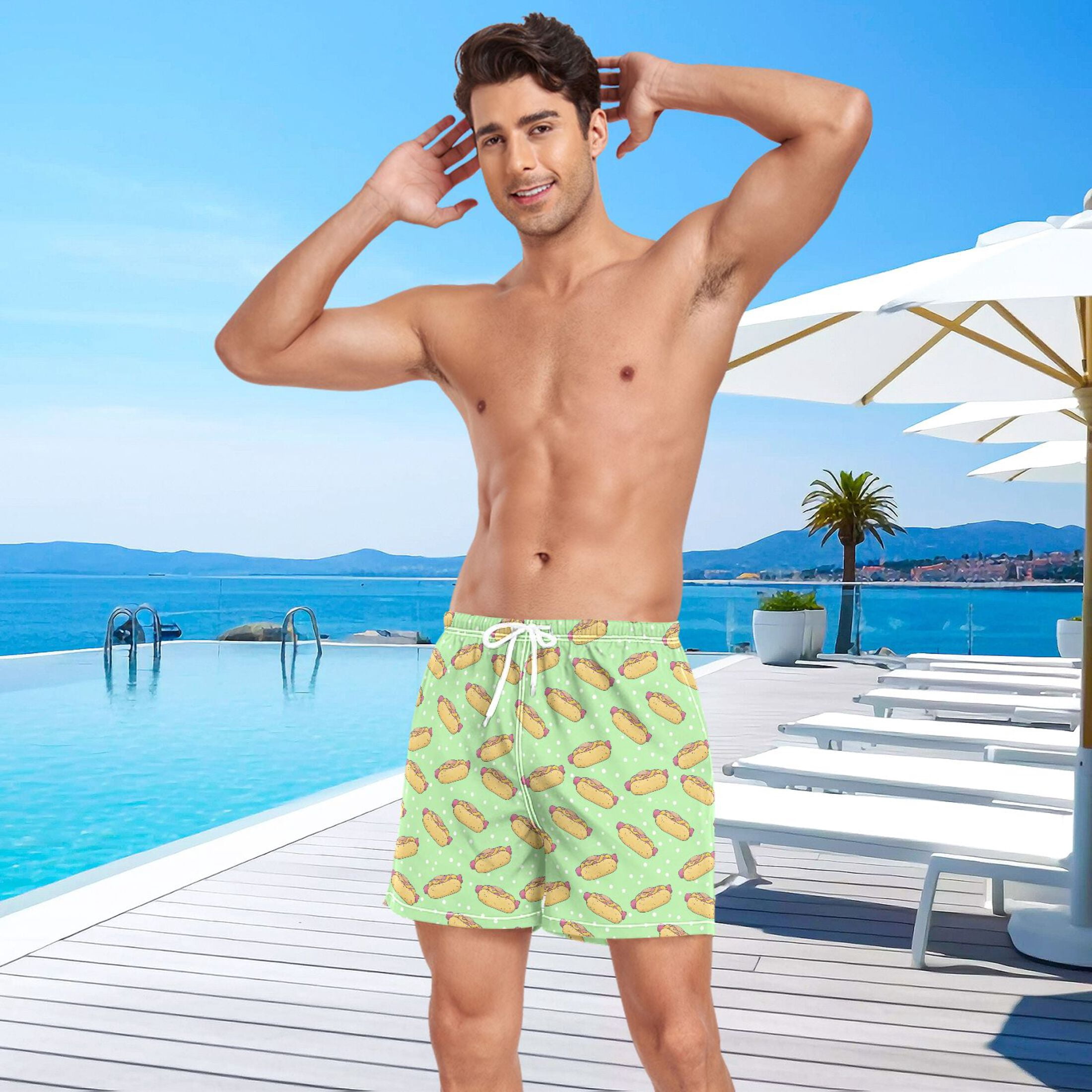 joogoo Men's Hot Dogs Swim Trunks with Liner Pocket Beach Shorts L
