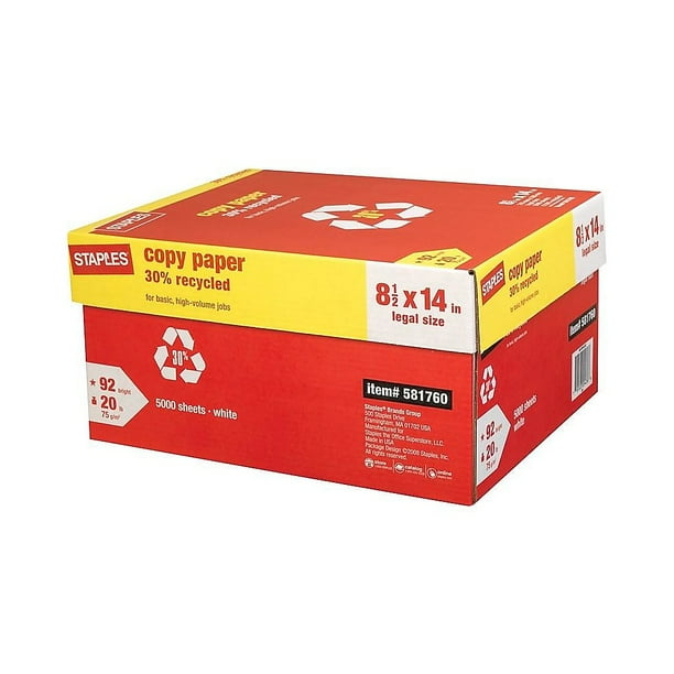 Staples 30 Recycled 8.5" x 14" Copy Paper 20 lb 92 Bright 500/RM 10 RM/CT 112380