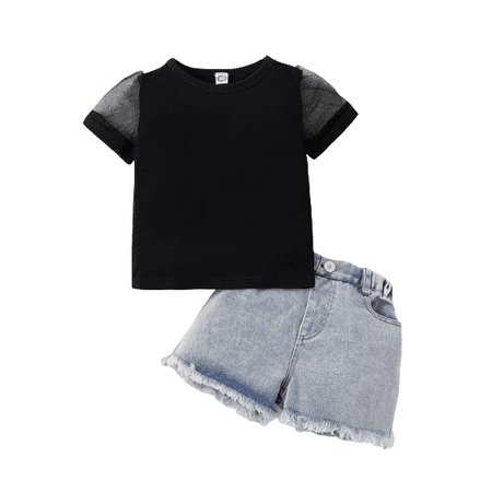 

Mikrdoo Outfits For Baby Girls Perspective Short Sleeve Demin Shorts 2Pcs Clothes Set Black 6-9 Months