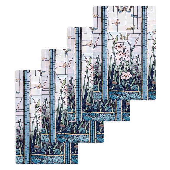 Blue Spring Floral Kitchen Dish Towels for Drying Dishes Set of 4, Summer Butterfly Farmhouse Waffle Weave Microfiber Hand Tea Bathroom Towels Quick Dry & Absorbent Towel 15.7x23.6