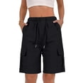 thumbnail image 3 of Women Wide Leg Shorts Loose Knee‑Length Linen Button Fly Multi‑Pocket Hiking Shorts Black, 3 of 6