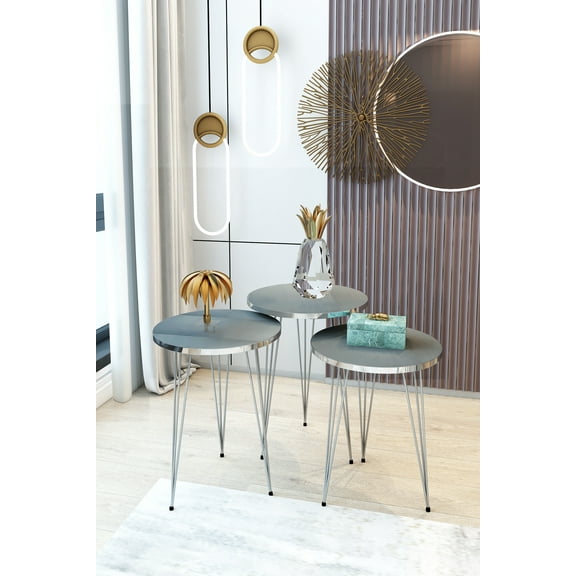 PAK HOME - Set of 3 High Gloss Grey Nesting End Tables - Round Wood Stacking Coffee Side Accent Table with Metal Legs for Living Room, Home Office, Nightstands for Bedroom - Silver