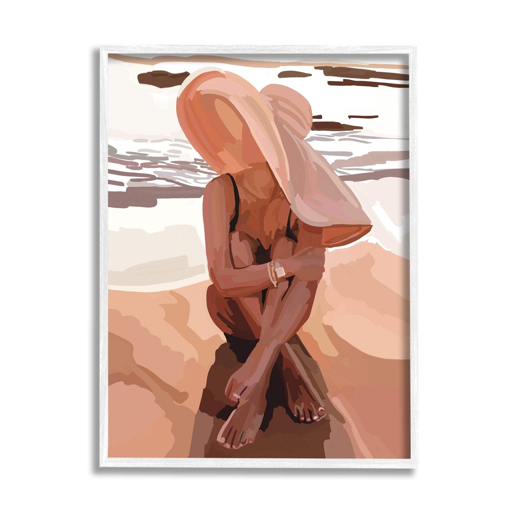 Stupell Industries Woman Sitting Enjoying Ocean Shore Summer Beach Graphic Art White Framed Art Print Wall Art, Design by Amelia Noyes