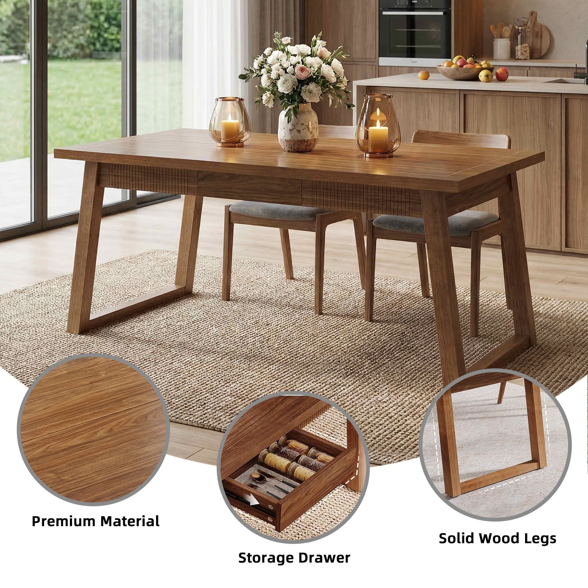 MAYEERTY 55 Inch Rectangular Dining Table with Drawer, Mid Century Modern Kitchen Table with Solid Wood Legs for 4 to 6 People