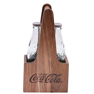 COCA COLA COKE SODA MINI GLASS BOTTLE SALT & PEPPER SHAKER SET IN METAL CADDY 