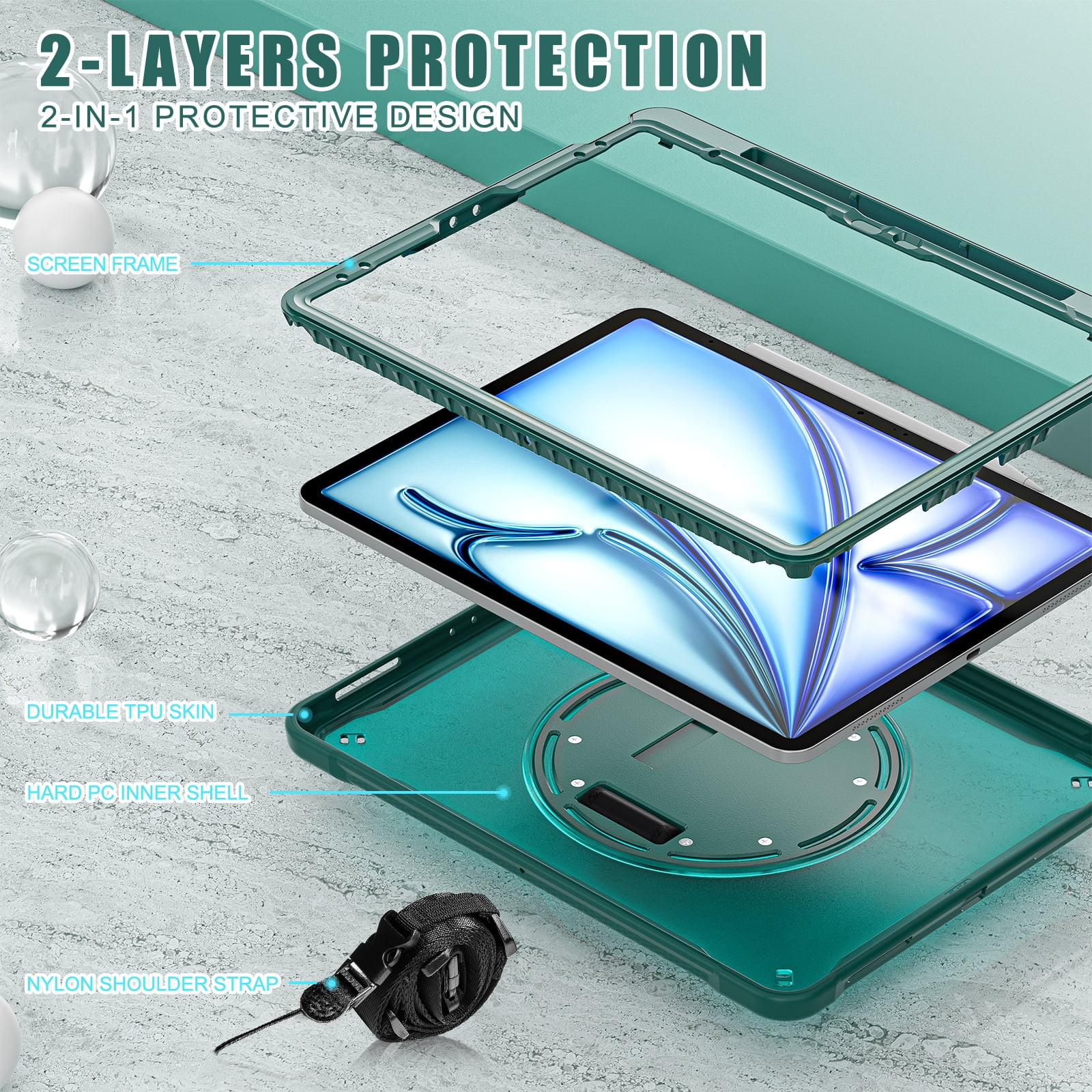 Dteck Case for iPad Air 13 inch 2025/2024,Military Grade Shockproof Silicone Cover 360° Rotatable Stand- Shoulder Strap- Handle- Pencil Holder for iPad Air 13-in. M3/M2,Darkgreen