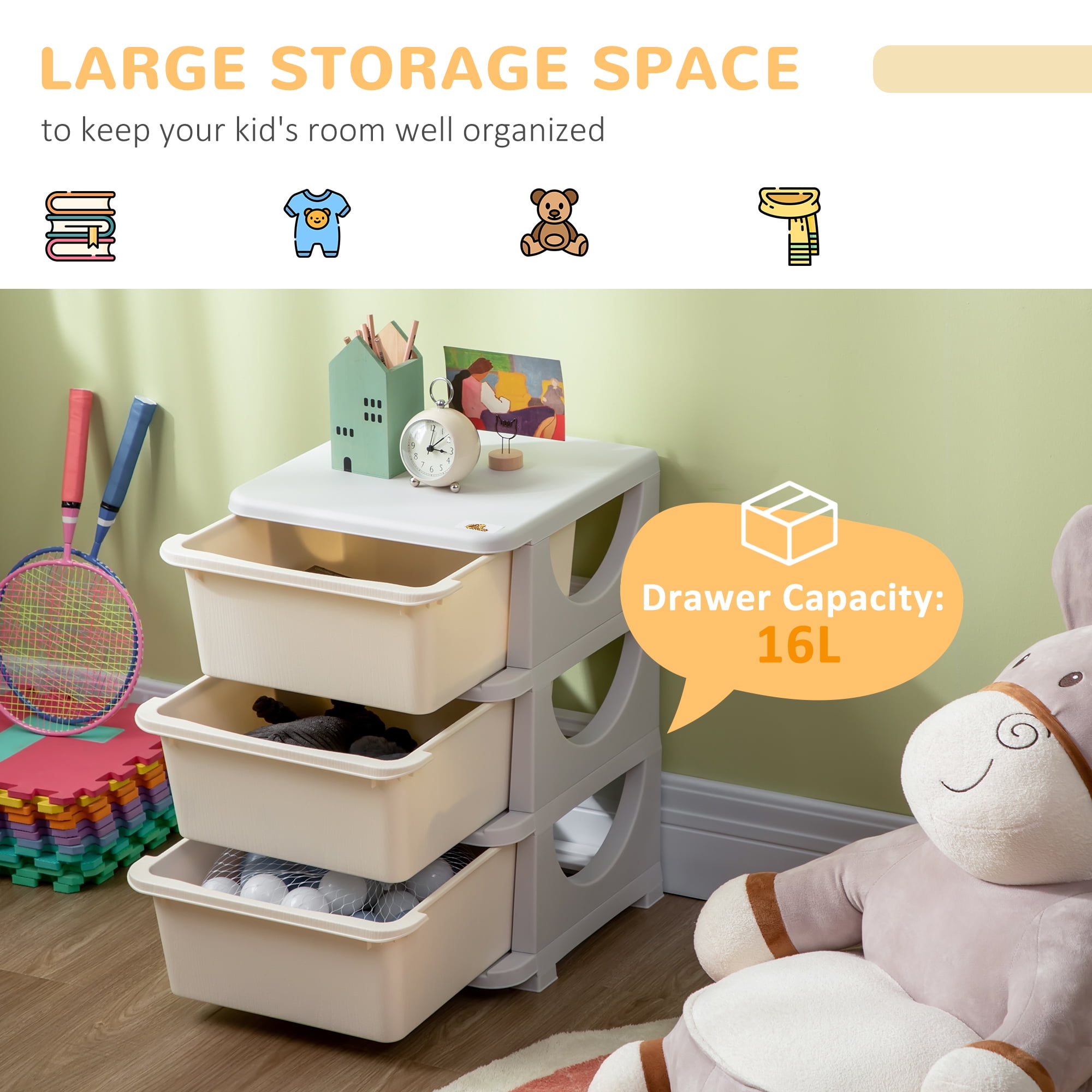 Qaba 3 Tier Kids Storage Unit, 6 Drawer Chest Toy Organizer Plastic Bins for Kids Bedroom Nursery Kindergarten Living Room for Boys Girls Toddlers, Pi