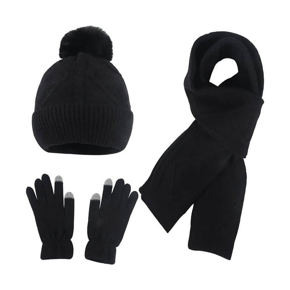 Christmas Black Three-Piece Winter Gear Set Autumn Scarf ,Hat,& Gloveswinter Ball Knitted Hat Scarf Gloves Fashion Warm Three Piece Set