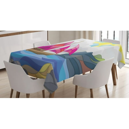 

Modern Tablecloth Sun Sky Clouds Sail Boat on the Sea Vitray Style Fractal Landscape Funky Picture Rectangular Table Cover for Dining Room Kitchen 60 X 90 Inches Multicolor by Ambesonne
