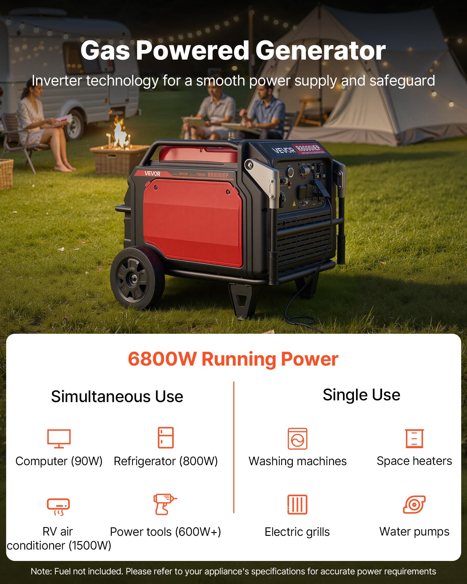 VEVOR Inverter Generator, 10000W Peak Watt 6800W Operating Watt,Quiet Inverter Generator, Remote Start Inverters Generators for Home Outdoor, Gas Powered, Stable Power, CO Sensor, RV Ready 1A &2.1A O