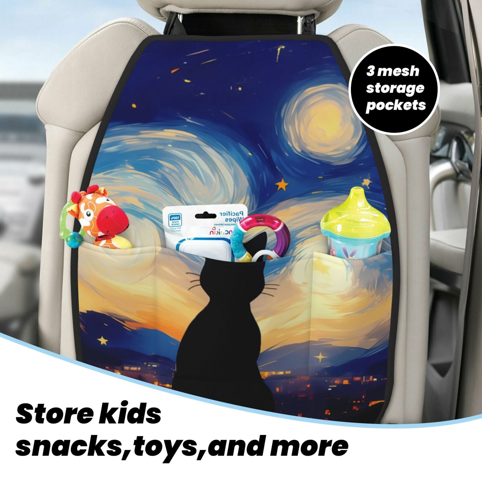 Kdxio Cat Under Starry Skies Print 2 Pack Car Kick Mat Seat Cover Back Protector Mat with Pockets for Organizer Backseat Protector and Storage Anti Kick Pad for Vehicles