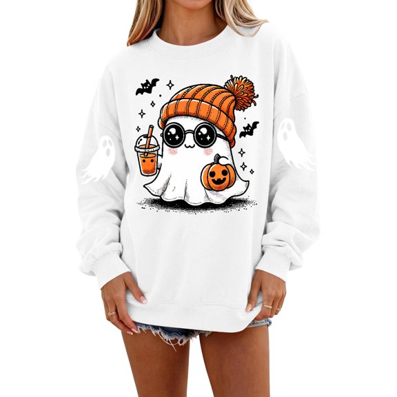 Dweltoz Halloween Sweatshirts for Women Cute Ghost Pumpkin Graphic Spooky Season Sweaters Oversized Fall Fleece Long Sleeve Crewneck Pullover Tops,White L