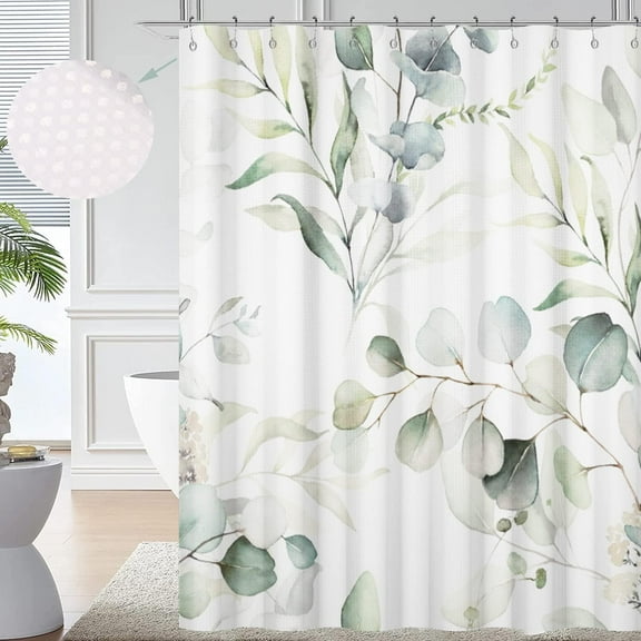 Eucalyptus Leaf Waffle Shower Curtains, Weighted Bottom Sage Green Spring Watercolor Botanical Plants Textured Fabric Bathroom Curtain Bathtub Home Decor Waterproof Washable with Metal Hooks