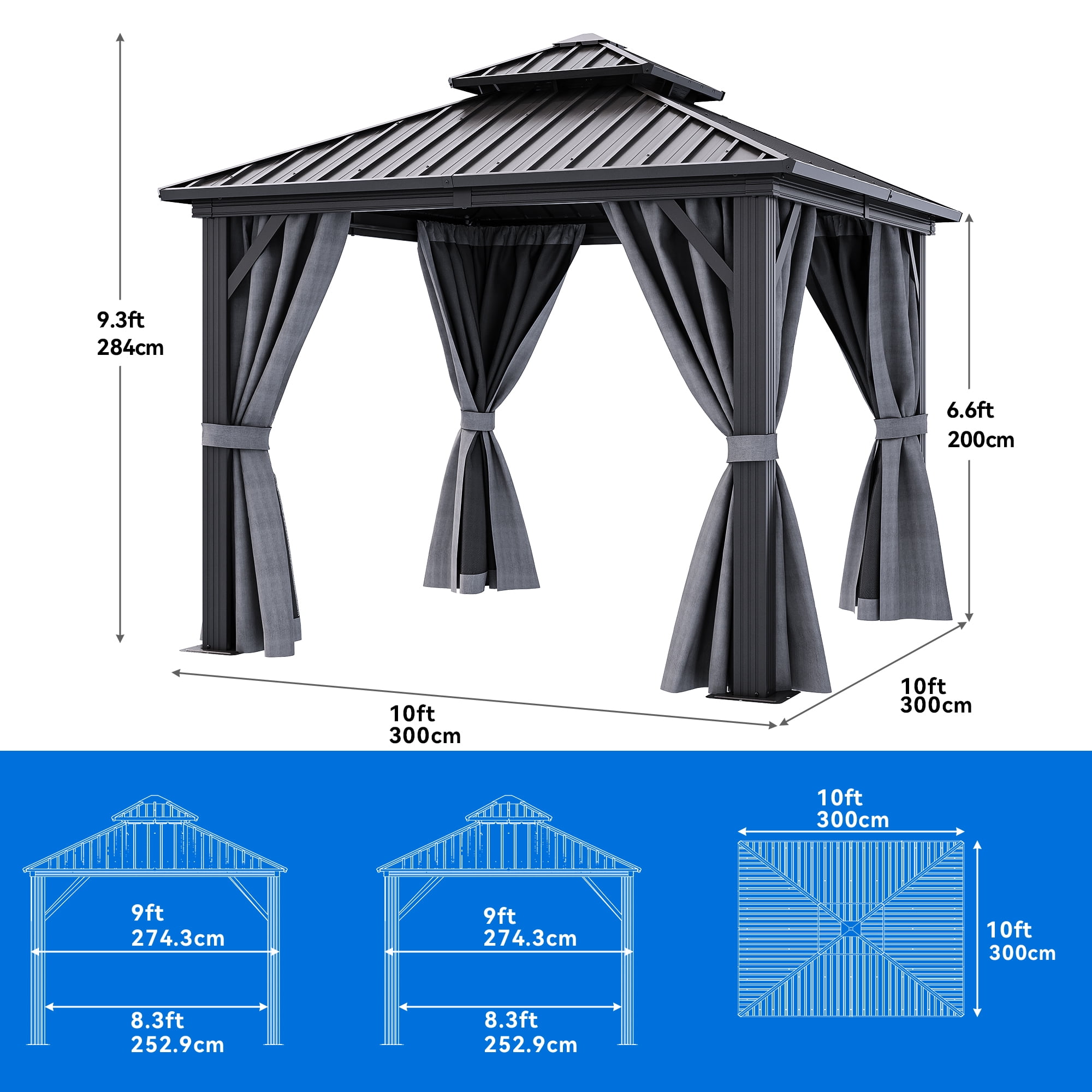 Dextrus 10ft x10ft Double Roof Hardtop Gazebo with Netting&Curtains, Metal Outdoor Pavilion,Ideal for Patio Lawn and Garden,Black,Grey Curtain