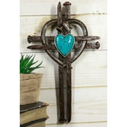Rustic Western Nail Spikes With Bent Nail Heart And Turquoise Rock Wall Cross