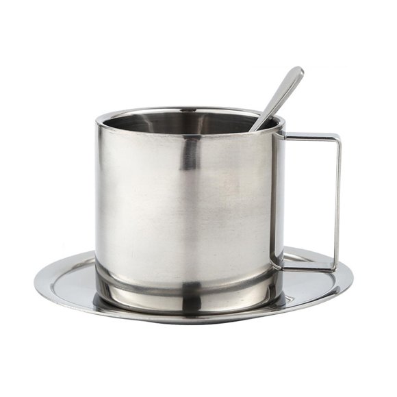 Luzkey Coffee Mug Set with Plate and Spoon Stainless Steel for Cafe Camping Kitchen 280ML Set