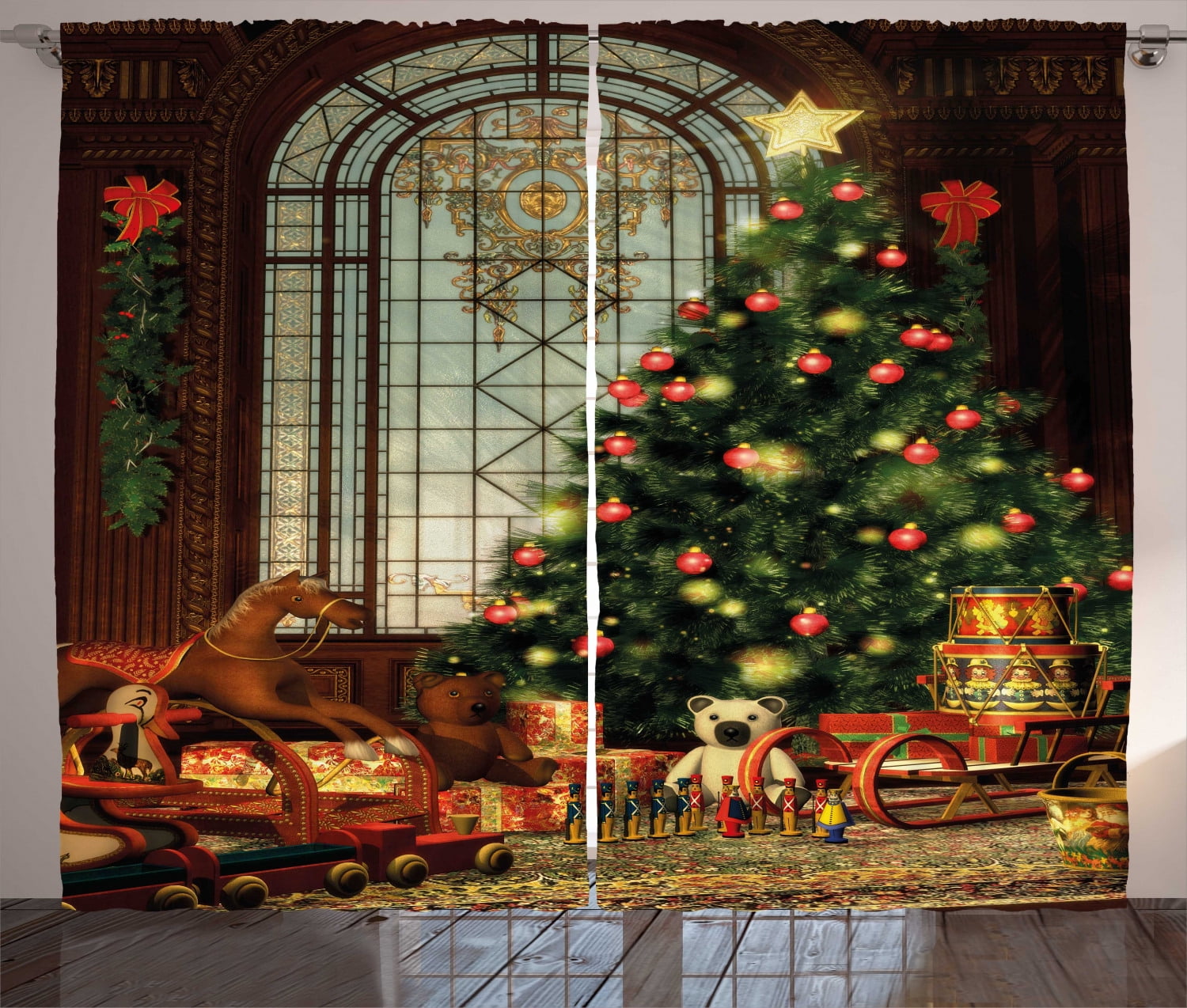 Christmas Curtains 2 Panels Set, Magical Vintage Ambiance Big Old