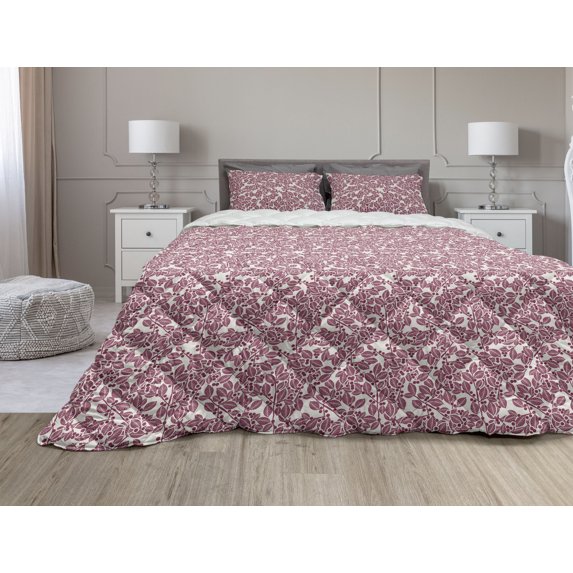 Leaves Comforter & Sham Bedding Set, Monochrome Foliage Pattern Flowering Branches with Berries Botany Illustration, 3 pcs Duvet Set Microfiber Filling Quilt, 5 Sizes, Maroon Beige, by Ambesonne