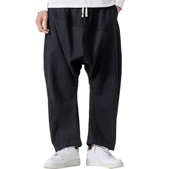 XIAOCHA Men's Drop Crotch Pants Loose Drawstring Straight Pants Retro Casual Daily Wear Pants With PocketBlackL