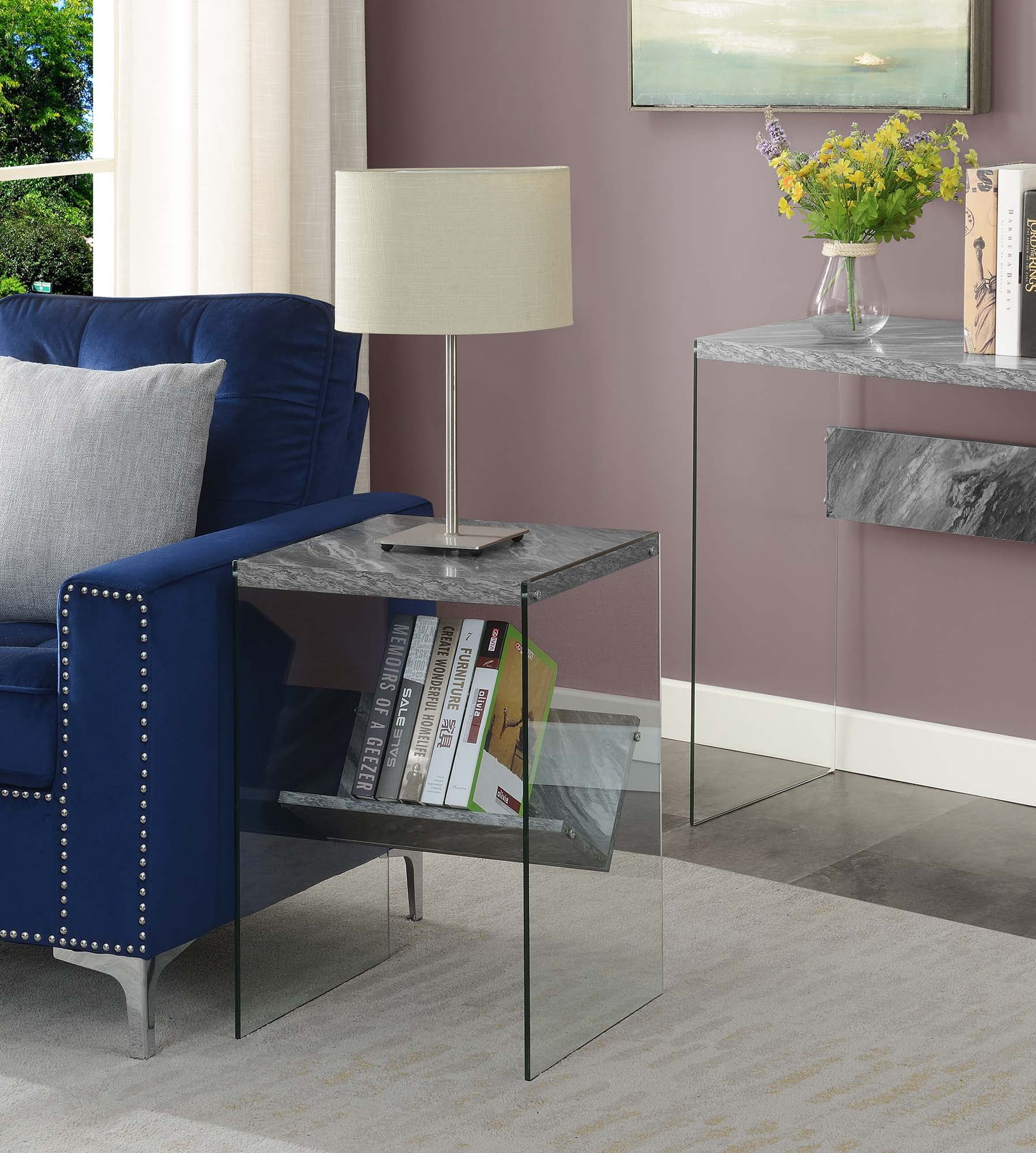 Convenience Concepts SoHo Glass End Table with Shelf, Gray Faux Marble