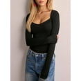 thumbnail image 3 of Elippeo Women T-shirt Long Sleeve Low-cut Lace Trim Solid Slim Fit Ladies Fall Tops Streetwear, 3 of 7
