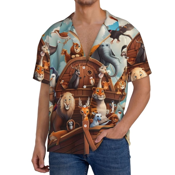 Balery Animal Filled Noahs Ark Camisa Casual de Manga Corta con Botones para Hombre, Texturizada, Estilo Cubano, para Playa, Verano-Large