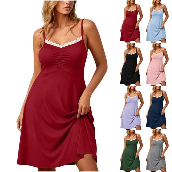 Women's Plus Size Lace Trim Slip Nightgown Solid Color V‑Neck Ruched Midi Sleep Dress for Summer Loungewear Red XL(XL)