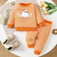 thumbnail image 2 of LIIPEE Girls Pajamas Sets Halloween Cartoon Ghost Embroidery Long Sleeve Round Neck Striped Shirt Pants Set Toddler Leisure Party Homewear Pjs Outfits,Orange,6-12 Months, 2 of 9