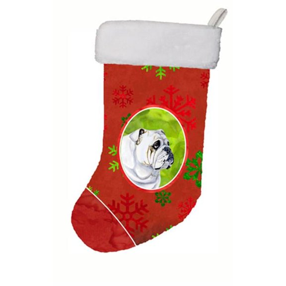 11 x 18 in. Bulldog English Red And Green Snowflakes Holiday Christmas Christmas Stocking